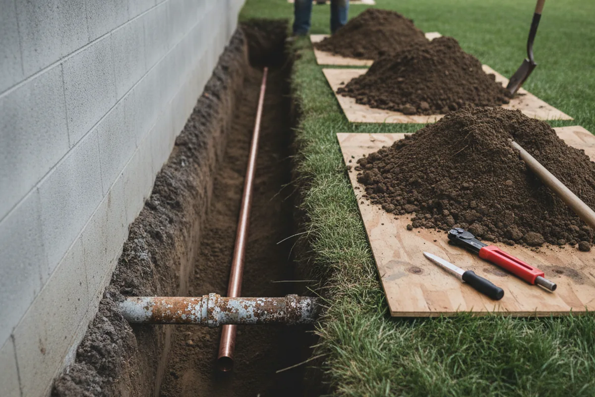 Excavated water line trench during Sewer Line Repair in Grant